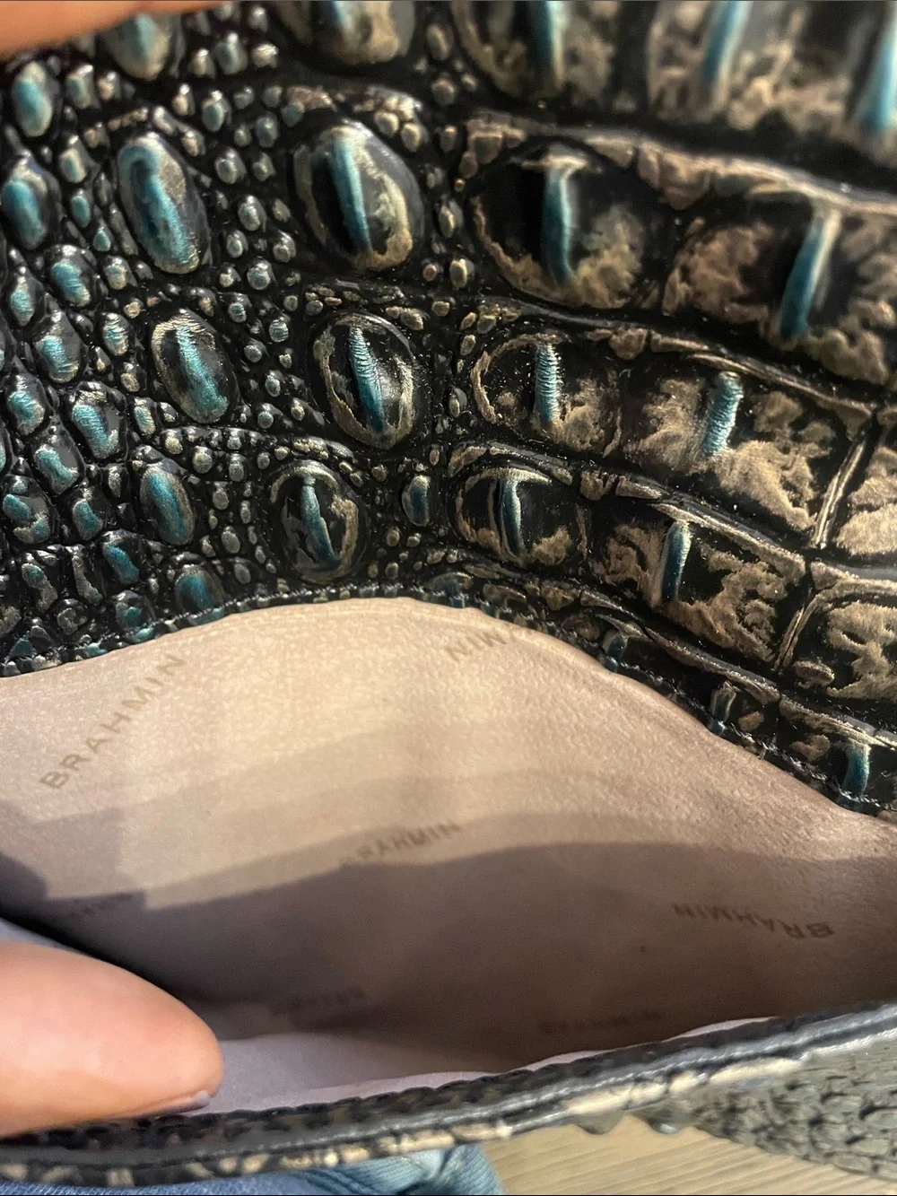Brahmin Metallic Teal and Black Croc-Embossed Envelope Clutch